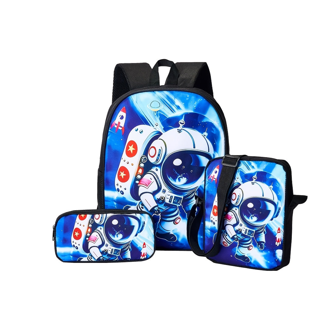 Kit Escolar com Estampa Astronauta e Foguete - Mochila, Lancheira e Estojo