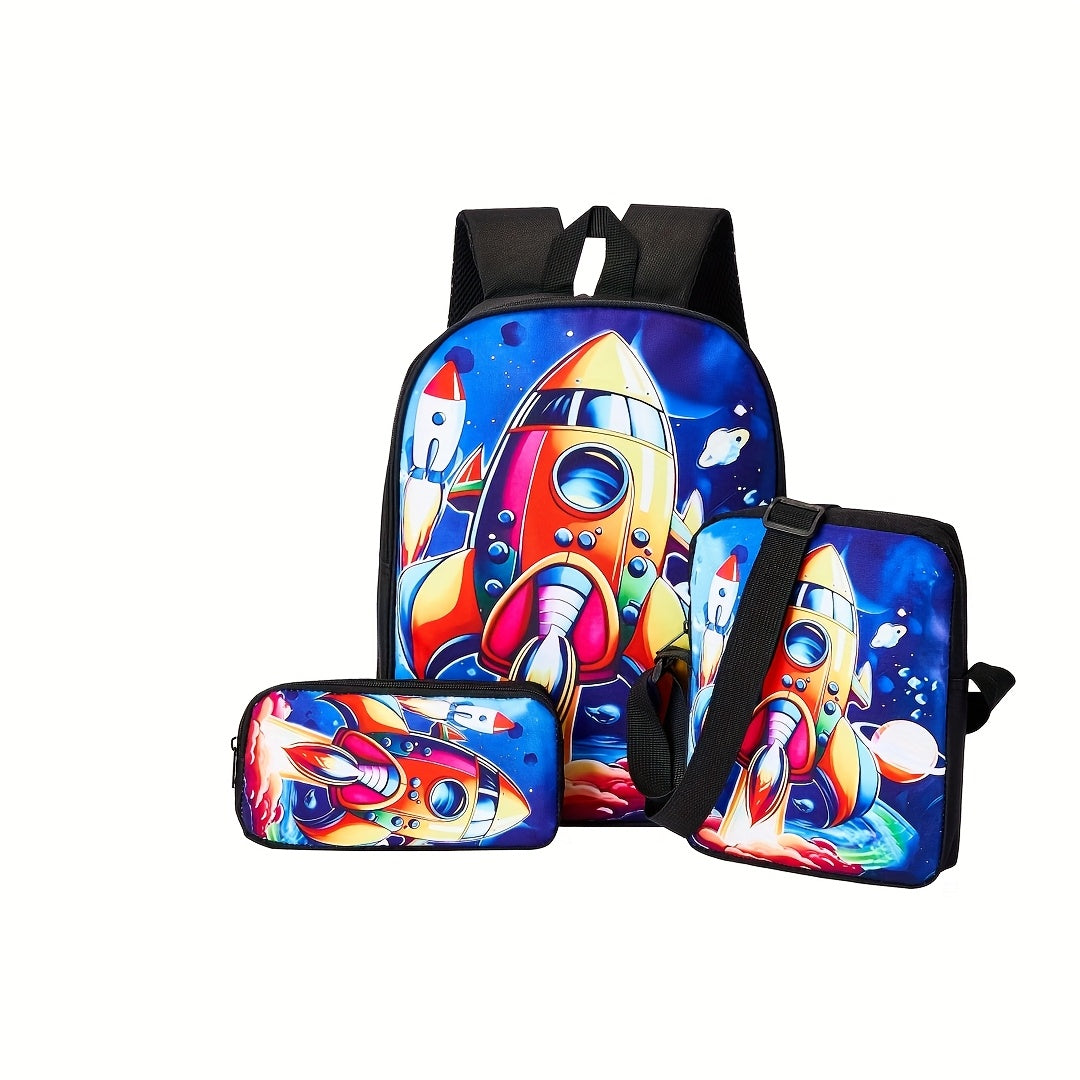 Kit Escolar com Estampa Astronauta e Foguete - Mochila, Lancheira e Estojo